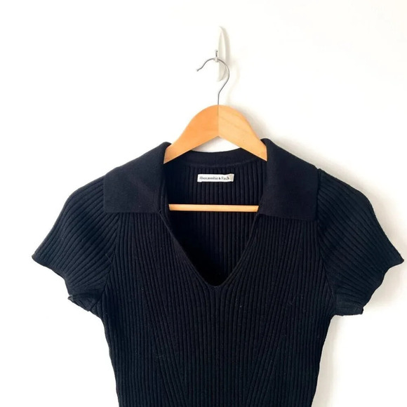 Abercrombie & Fitch Ribbed Knit Short Sleeve Polo Dress w/ Collar Black Sz Small - Picture 5 of 7